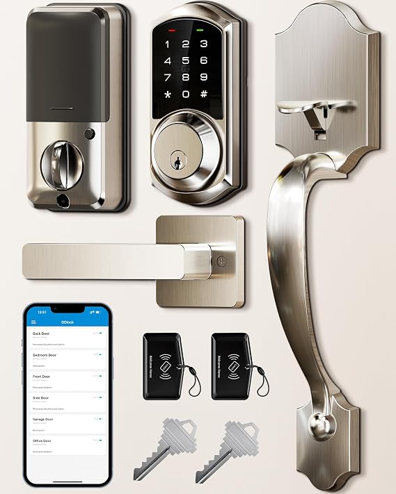 Veise VE06-H Smart Front Door Lock Handle Set, App Control, Satin Nickel