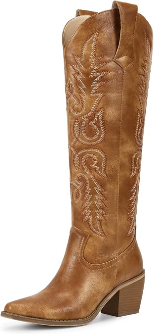 wetkiss Women's Pointed Toe Cowboy Boots | Knee High Cowgirl Boots, Retro Embroidery, Chunky Heel, Pull-On, Style for a Classic Western Look,Stable and Comfortable