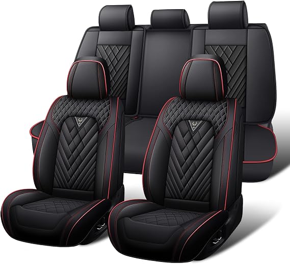 Car Seat Covers Full Set for Nissan Titan 2004-2026, Waterproof Nappa Leather Car Seat Cover, Full Coverage Car Seat Covers Sets(5 Seats/Black Red)