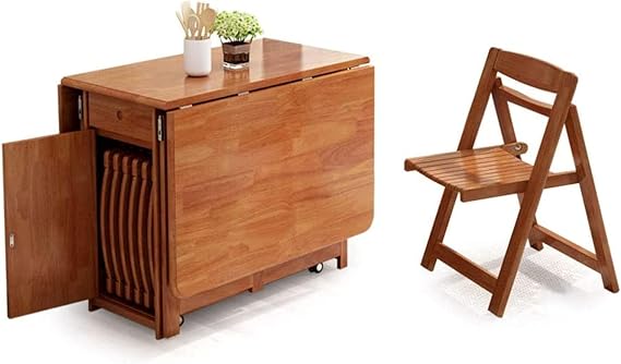 MBROS Folding Table and Chair-Small Household Storage Retractable 1.45m Dining Table and Dining Table, 4-6 People, Cherry Color, 1 Table and 4 Chairs