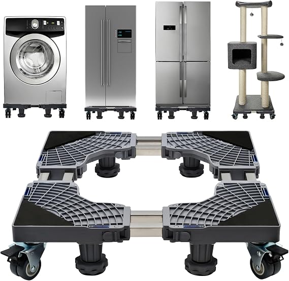 Updated Fridge Stand Mobile Base with Double Pipes 4 Locking Wheels 4 Strong Feet, Adjustable Furniture Dolly for Washer Dryer Washing Machine Stand Pedestal, Refrigerator (Grey, Extra Large)