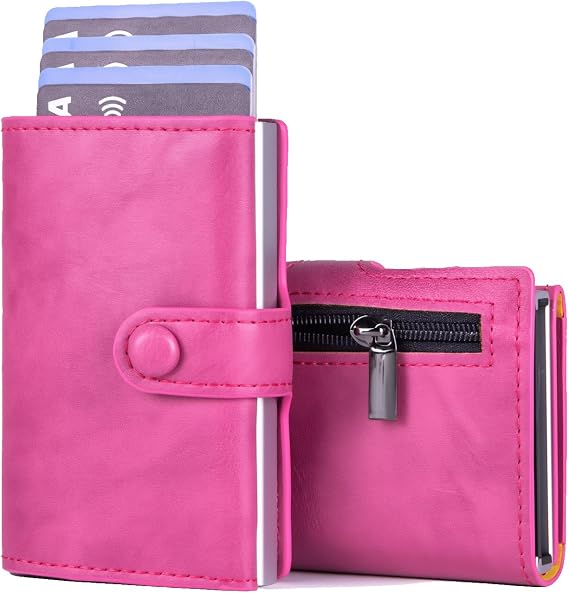 RFID Blocking Card Holder, Pop Up Card Wallet, Anti Theft Contactless Snap Protector, Zipper Coin Case,Unisex (rose red)