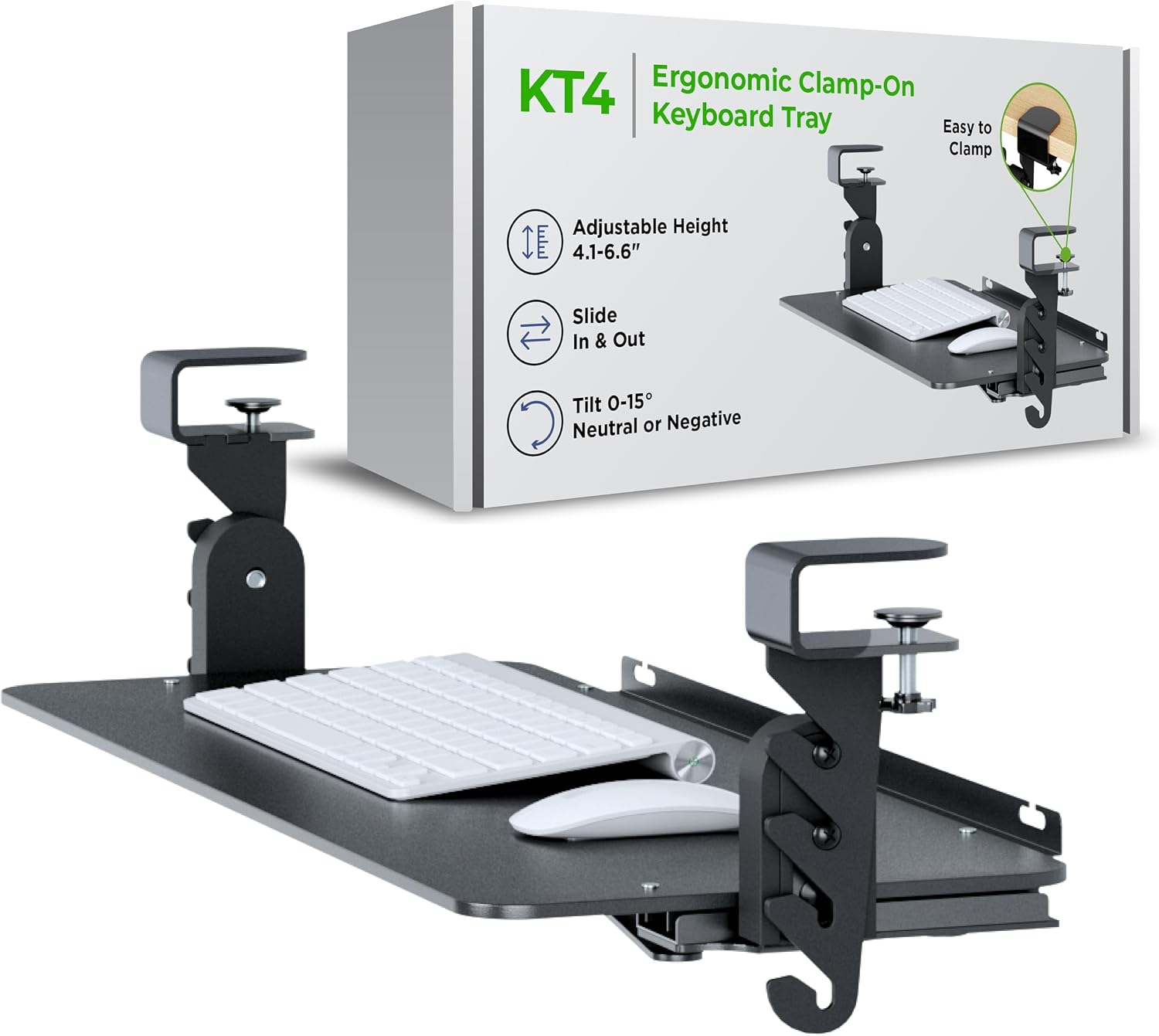 Kt4 Clamp on Keyboard Tray, Adjustable Slide Out Drawer for Desk, Height Tilt Adjustable Keyboard Holder, Under Desk Pull Out Tray Black