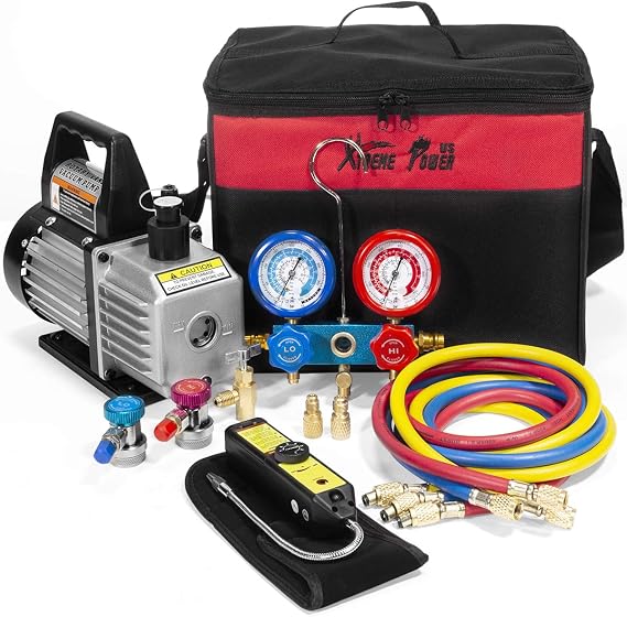 XtremepowerUS 4CFM Vacuum Pump R134a R22 R32 R410A A/C Manifold Gauge Can Tap Manifold Gauge with Leak Detector Carry Bag for HVAC Air Conditioning Refrigeration Recharging