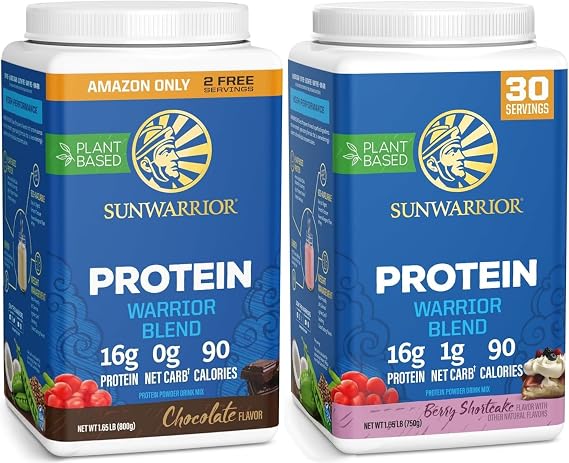 Sunwarrior Berry & Chocolate Organic Plant Based Protein Powder Set | Bundle & Save | Vegan Organic Protein Powder | Non-GMO Soy Dairy Filler & Gluten Free (32 Servings Chocolate, 30 Servings Berry)