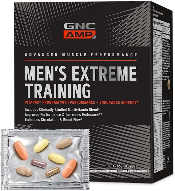 GNC AMP Mens Extreme Training Vitapak Program, 5 Products in 1, Convenient Vitamin Pack for Performance & Endurance, Adult Multivitamin, Proven Ingredients, Caffeine, Nitric Oxide, 30 Day Supply