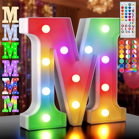 LED Letter Lights Alphabet 35 Colours LED Light Letter with Remote Control LED Letter Lighting Letters Night Lights Decoration for Birthday Party Wedding Children's Room Letters M