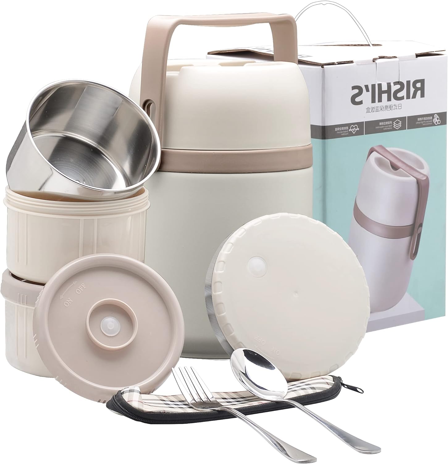 SANQIAHOME Stainless Steel Vacuum-Insulated Food Jar with 2 Storage Container Inserts, 50 Ounce, Leakproof Lunch Box