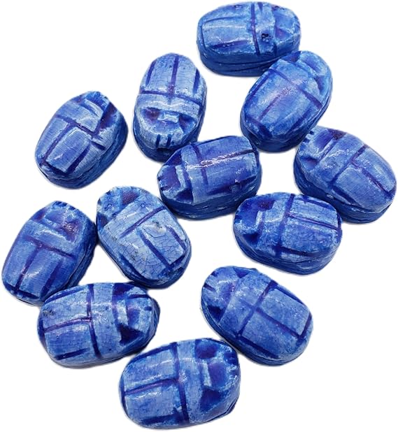 Egyptian Scarab Beads Set of 12 Medium - Vertical Drilled - Dark Blue Hand-Carved Soapstone - Ancient Egypt Hieroglyphs - Made in Egypt