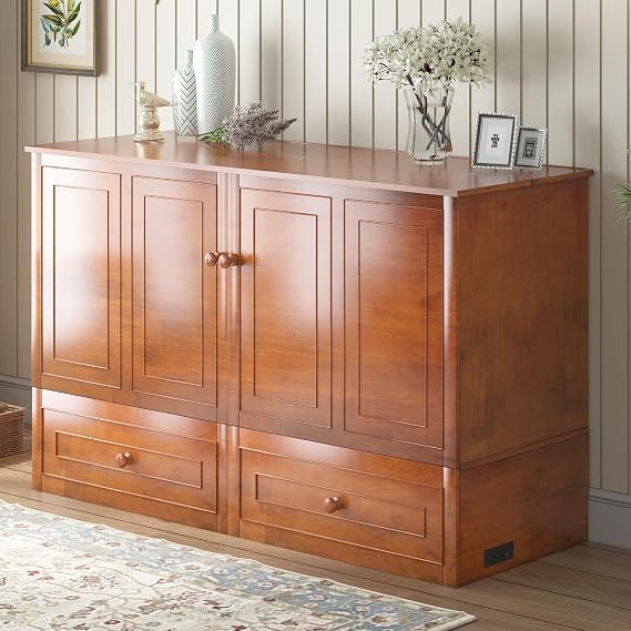 BALUS Murphy Bed, Queen Cabinet Bed with Tri-fold Memory Foam Mattress, Modern Adults Guest Room Murphy Chest Cube Beds with Built-in Charging Station and Storage Drawers for Bedroom Apartment, Cherry