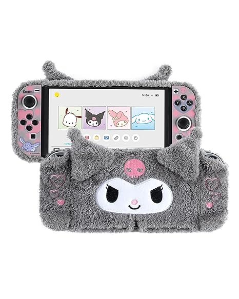 Kuitmor Schutzhülle für Switch OLED Schlanke Hülle mit Kratzfestem und Stoßdämpfendem Design Rutschfeste Griffhülle Weiche Anti-Kratz Skin Kompatibel mit Switch OLED (Graue Plüsch Kuromi)
