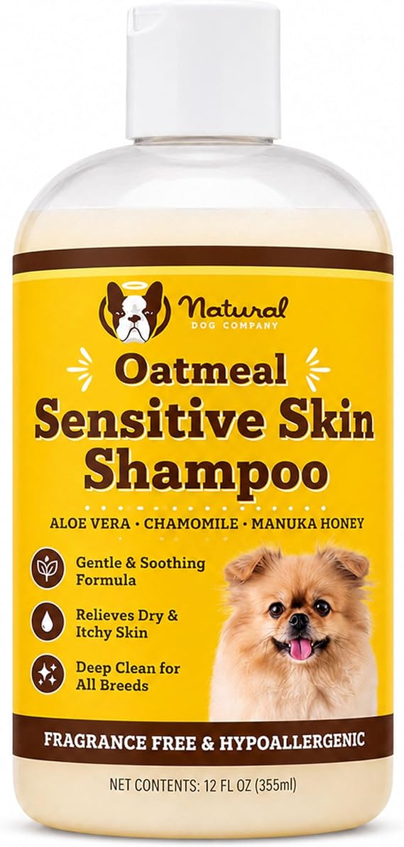 Natural Dog Company Sensitive Skin Dog Shampoo Hypoallergenic Oatmeal Anti Itch Shampoo for Dogs, Gentle Puppy & Dog Wash with Aloe Vera, Manuka Honey & Chamomile, Odor Control, 12 oz