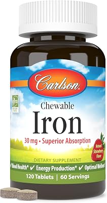 Carlson - Chewable Iron, 30 mg, Superior Absorption, Blood Health, Energy Production & Optimal Wellness, Chewable Iron Supplement for Women & Men, Natural Strawberry Flavor, 120 Tablets