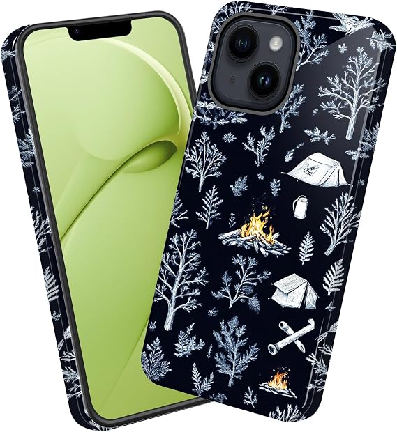 for iPhone 14 Case,Heavy Duty Dual Layer Hard PC & Soft Silicone Rugged Bumper Shockproof Protective Case for iPhone 14,Black White Camping Forest