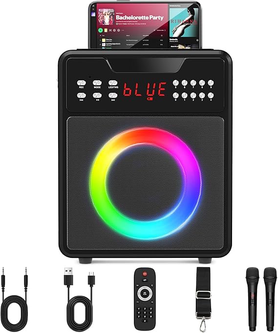 Karaoke Machine for Adults & Kids, Portable Karaoke Machine with 2 Wireless Microphones, Portable Speaker with PA System Supports USB, Aux in, TF Card for Party and Outdoor Event