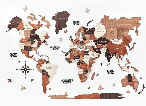 Wooden World Map Wall Decor, Housewarming Gift Idea World Travel Map, 3D Wood World Map for Home Decor and Wall Art, Stunning Wood Map with Exquisite Details for Home, Office (X-Small)