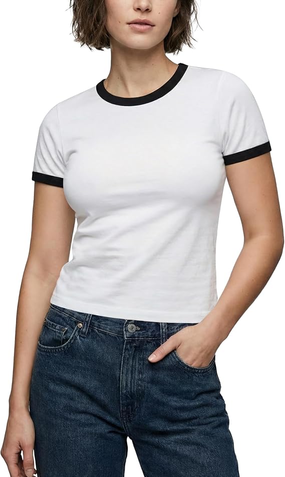 Zengjo Ringer Tee Women Crewneck Short Sleeve Plain Retro T-Shirts | Cotton-blend stretch jersey, contrast rib trim, fitted short length, vintage looks, casual outings,campus days,light workouts