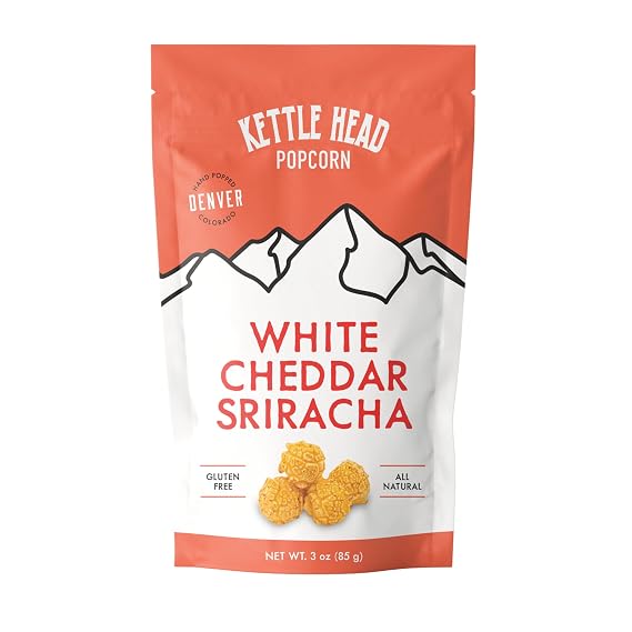Kettle Head Popcorn White Cheddar Sriracha, 3 oz Gourmet Spicy Cheddar Popcorn Snack, Bold Flavor, Small Batch Popped Corn