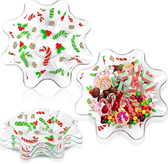 Tioncy 4 Pcs Christmas Candy Cane and Holly Leaves Plastic Dish 8 Inch Lollipop Bowls Xmas Candy Serving Tray for Christmas Party Decorations and Home Use