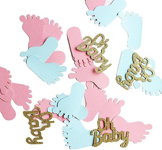 Gender Reveal Decorations: Pink, Blue Footprints and Gold Baby Paper Confetti, Glitter Table Sparkles for Baby Shower, Birthday (100 PCS)