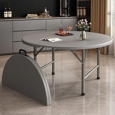 Round Bi-Folding Commercial Table, Portable Plastic Dining Card Table, Circular Round Foldable Desk with Built in Handle & Steel Legs, for Party, Dining, WeddingGray