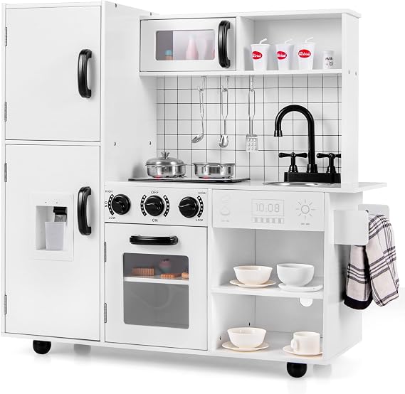 INFANS Kid Kitchen Playset, Toddler Wooden Pretend Cooking Set with Realistic Light & Sound, Stove, Sink, Microwave, Storage Cabinet, Play Kitchen Toy Set for Children Boys Girls