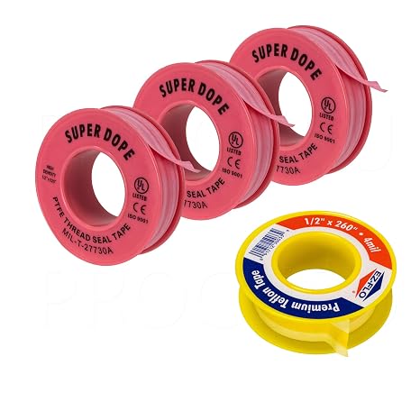 PROCURU 4-Pack- Professional Grade Pipe Thread Sealant 4-Mil Teflon Tape, Pink and Yellow, for Water and Gas