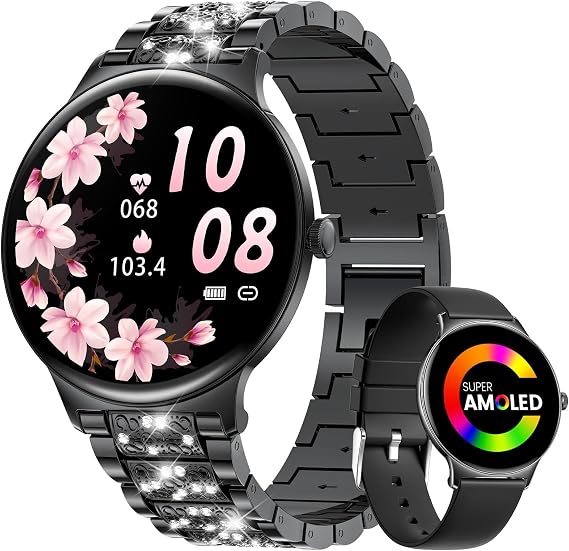 LIGE Ultra-Thin Smart Watch for Women,1.43" Always-on Display Smart Watch with Bluetooth Call,Health Tracker 100+ Sports Modes, Mutifuction Women Smartwatch for Android iOS 2 Straps(Black)