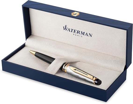 Waterman Expert Kugelschreiber Metall und schwarzer Lack mit goldenen Zierteilen ziselisierte Kappe mittlere Spitze Geschenkbox