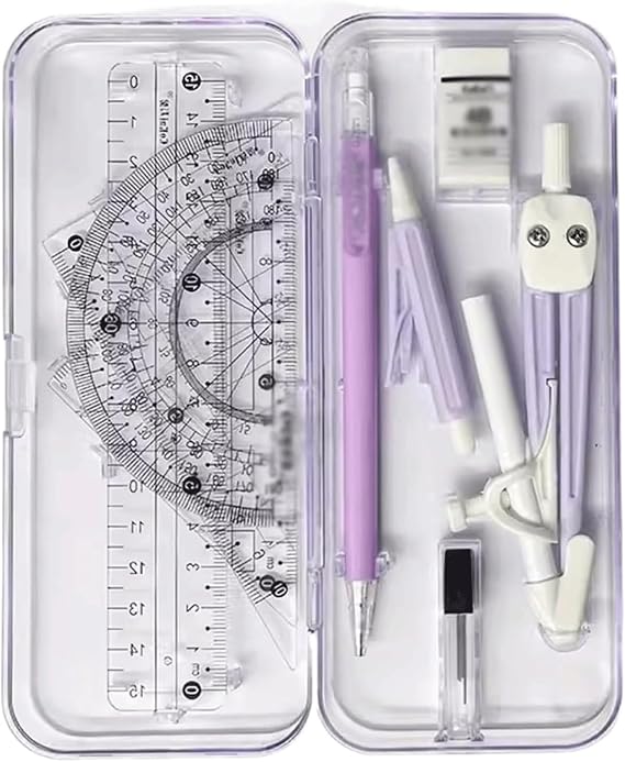 Compass for Geometry Professional Drafting Compass Cute Geometry Compass Set with Rulers,Protractor & Stationery,Complete Student Math Kit(Lila)