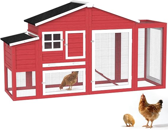 84.7''L Chicken Coop, Large Poultry Cage for 4-6 Chickens, Outdoor Hen House Design with Nesting Box, Weatherproof Roof and Leakproof Pull-on Tray, Easy to Install&Clean(Red)