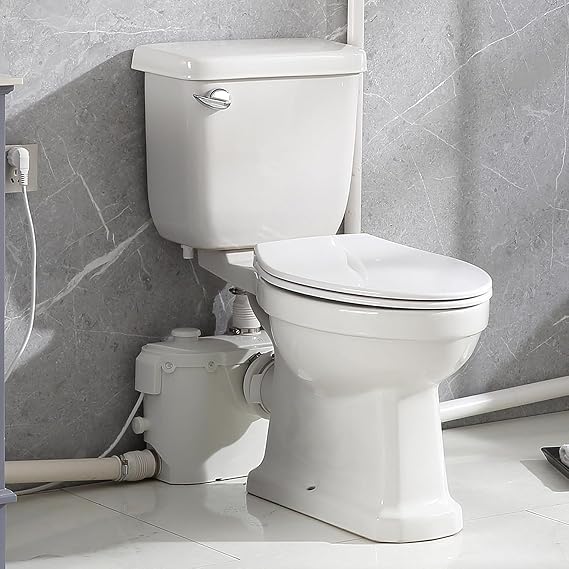 Macerating Toilet System, Upflush Toilet with 4-Inlet Grinder Pump, Elongated Bowl for Basement, Attic, Shower, Sink Waste Disposal, 23ft/7.5m Vertical Lift, Auto Start & Stop