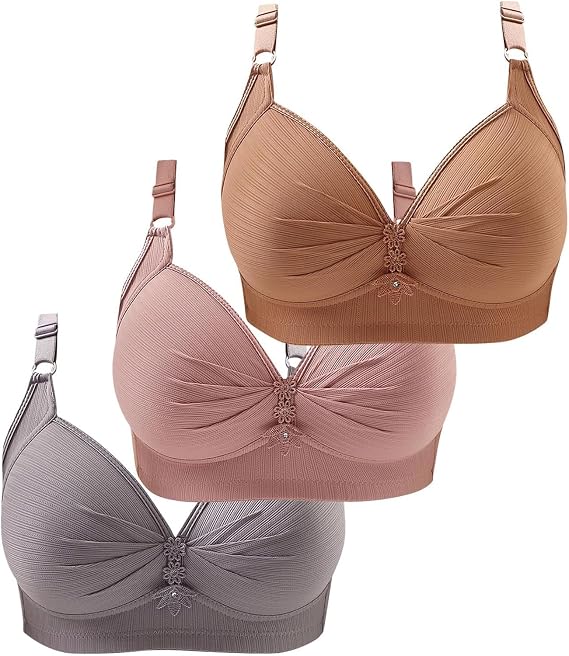 女性用ブラ3点 コットン ワイヤーなし パッドなし 薄型 レースレス リング 快適 通気性 下着 Vネック ブラ