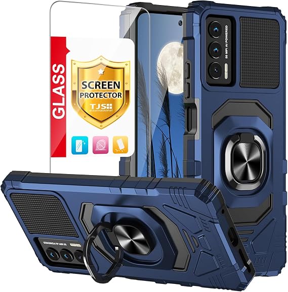 TJS for Cricket Outlast Phone Case, AT&T Jetmore Phone Case (Blue) | with Tempered Glass Screen Protector Metal Ring Magnetic Support Kickstand Heavy Duty Drop Protector Phone Case Cover