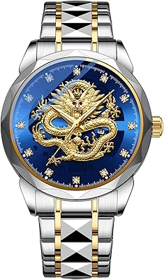 FANMIS Mens Luxury Golden Dragon Watch Unique Carved Diamond Dial Quartz Watch Classic Business Luminous Waterproof Wristwatches Stainless Steel Strap