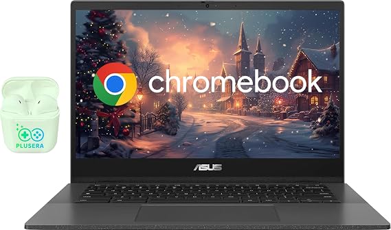 ASUS 14" FHD LED Chromebook Laptop, 4GB RAM 320GB Storage (64GB eMMC + 256GB SD Card), 8-CoreMediaTek Kompanio 520 Processor, Chrome OS, Wi-Fi 6, Camera Privacy Shutter, PLUSERA Earphones, Gray
