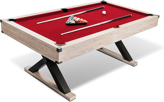 7Ft Pool Table, Modern Wood Billiards Tables Pool, Non-Folding Snooker Table with 2 Cue Sticks, 1 Chalks, 16 Balls, Triangle & Brush, Portable Pool Game Tables Set, Red