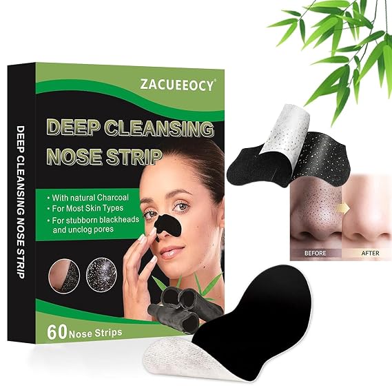 Charcoal Blackhead Remover Nose Strips, 60 Count Deep Cleansing Pore Strips, Natural Bamboo Charcoal Nose Pore Cleansing Strips for Removing Blackheads, Dirt, Oil, Unclog Pores for All Skin Types