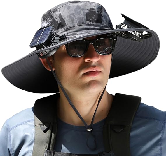 Solar Fan Hat, Men Sun Hat with 2 Solar Fan, Wide Brim Solar Fan Outdoor Fishing Hat-Solar & USB Charging
