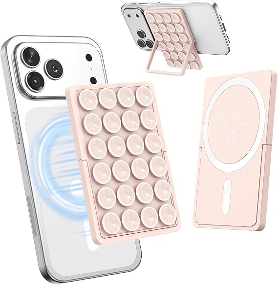 KADES MagSafe Phone Grip with 24 Suction Cups & Adjustable Stand Strong Vacuum Holder for Mirror/Glass/Tile, Hands-Free for Selfies & Livestream, for iPhone 17/16/15 & MagSafe Phones (Light Pink)