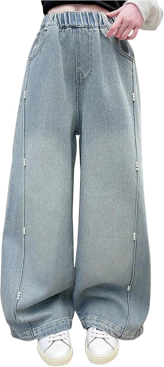Girls Wide Leg Jeans Baggy Y2K Elastic Waist Denim Pants Size 10-12 Cute High Waisted Flared Straight Leg Trousers