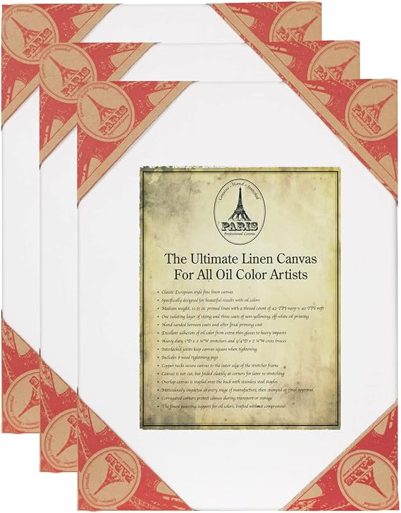 Creative Mark Paris Oil Primed Artists' Ultimate Stretched Linen Canvas - Premium Heavy Duty European Style Linen Canvas 3-Packs for Professional Artists, Oils, Archival Work & More! - 8x10