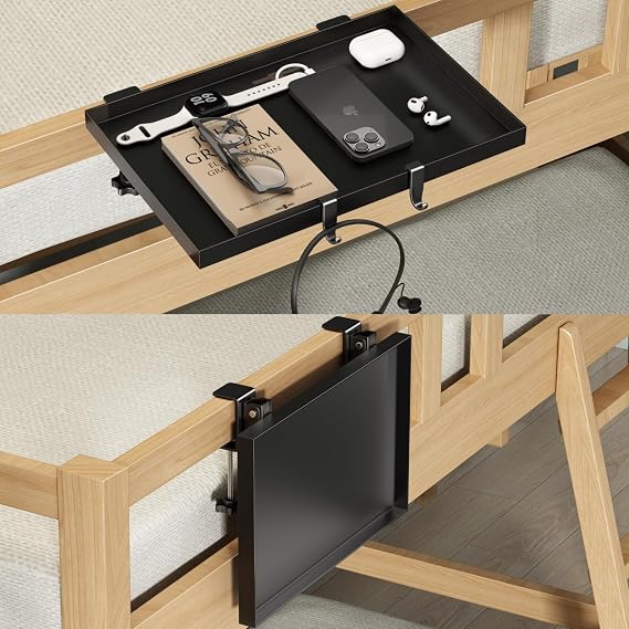 Magheo Bedside Shelf Foldable, Metal Clip-On Bunk Bed Shelf for Top Bunk, Heavy Duty Bed Side Table Tray for College Dorm Room Essentials, Loft Nightstand Organizer Tray for bedroom (Black)