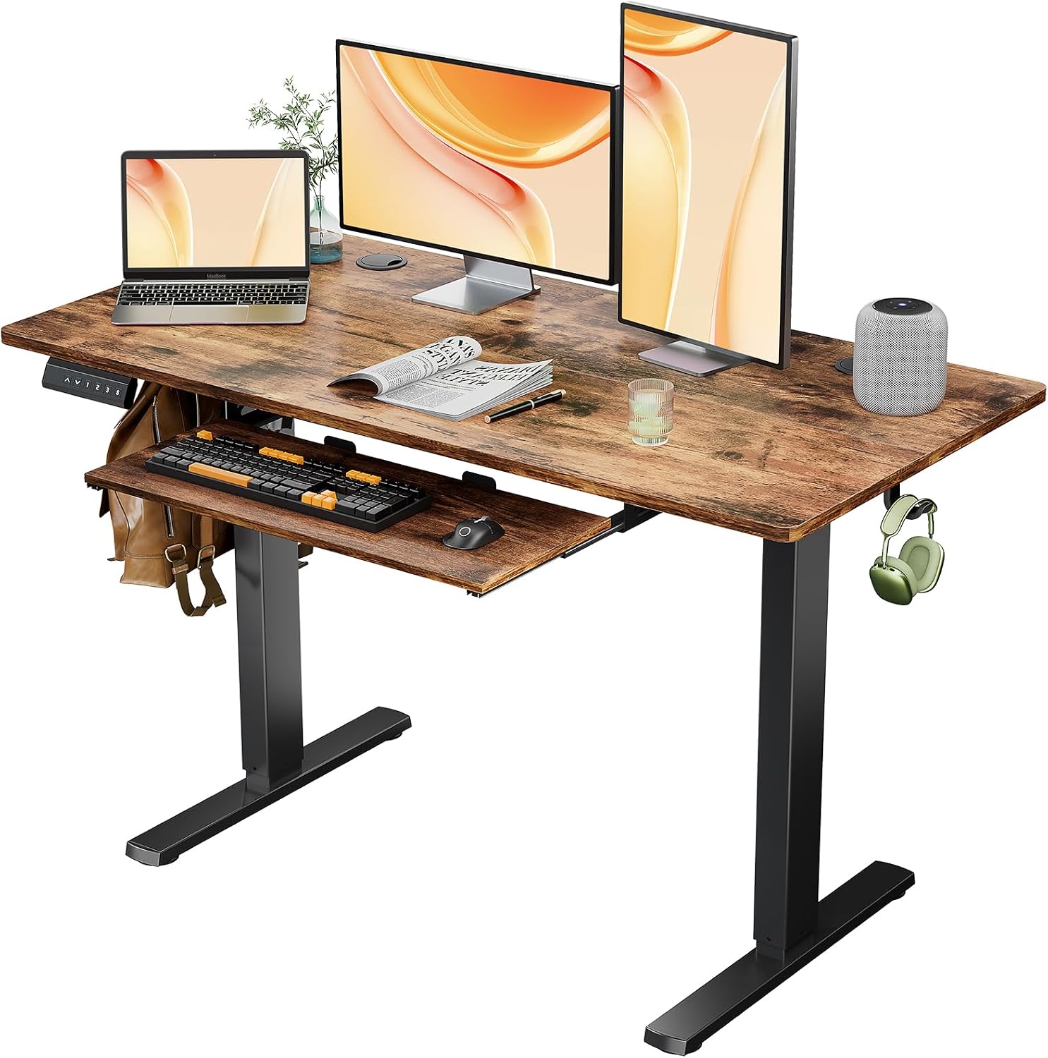 Standing Desk with Keyboard Tray, 48 x 24 Inches Electric Standing Desk Adjustable Height with 3 Memory Presets, Ergonomic Adjustable Desk Stand Up Desk Computer Desk Home Office, Rustic Brown