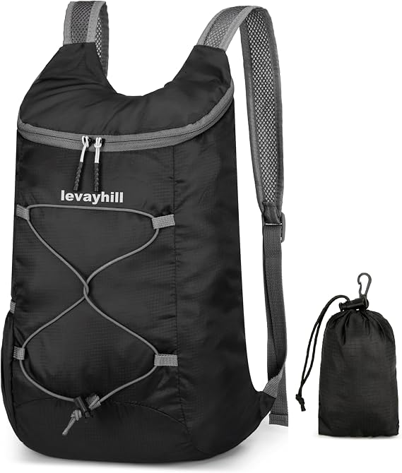 levayhill 16L Foldable Hiking Backpack,Small Packable Daypack, Black & Gray