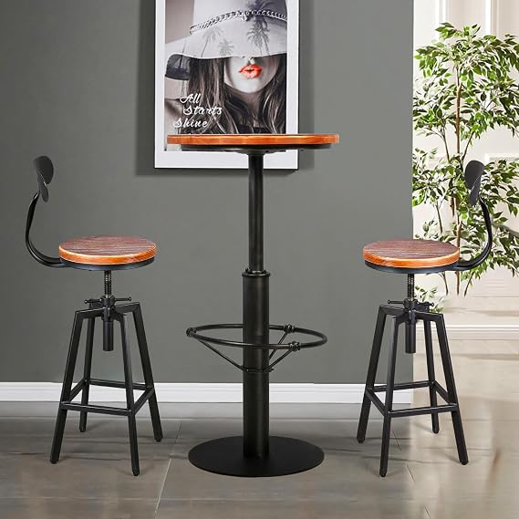 42inch Vintage Bar Table with Set of 2 Bar Stools with Back(25-32inch Height Adjustable) Industrial Farmhouse Style Bistro Pub Table for Home Kitchen Dinning Room