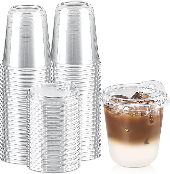 12 oz Round Bottom Clear Plastic Cups with Strawless Sip Lids, 50 Pack | Disposable Iced Coffee Cups, To Go Cups, for Cold Drinks, Smoothie, Juice, Milkshake, Leakproof