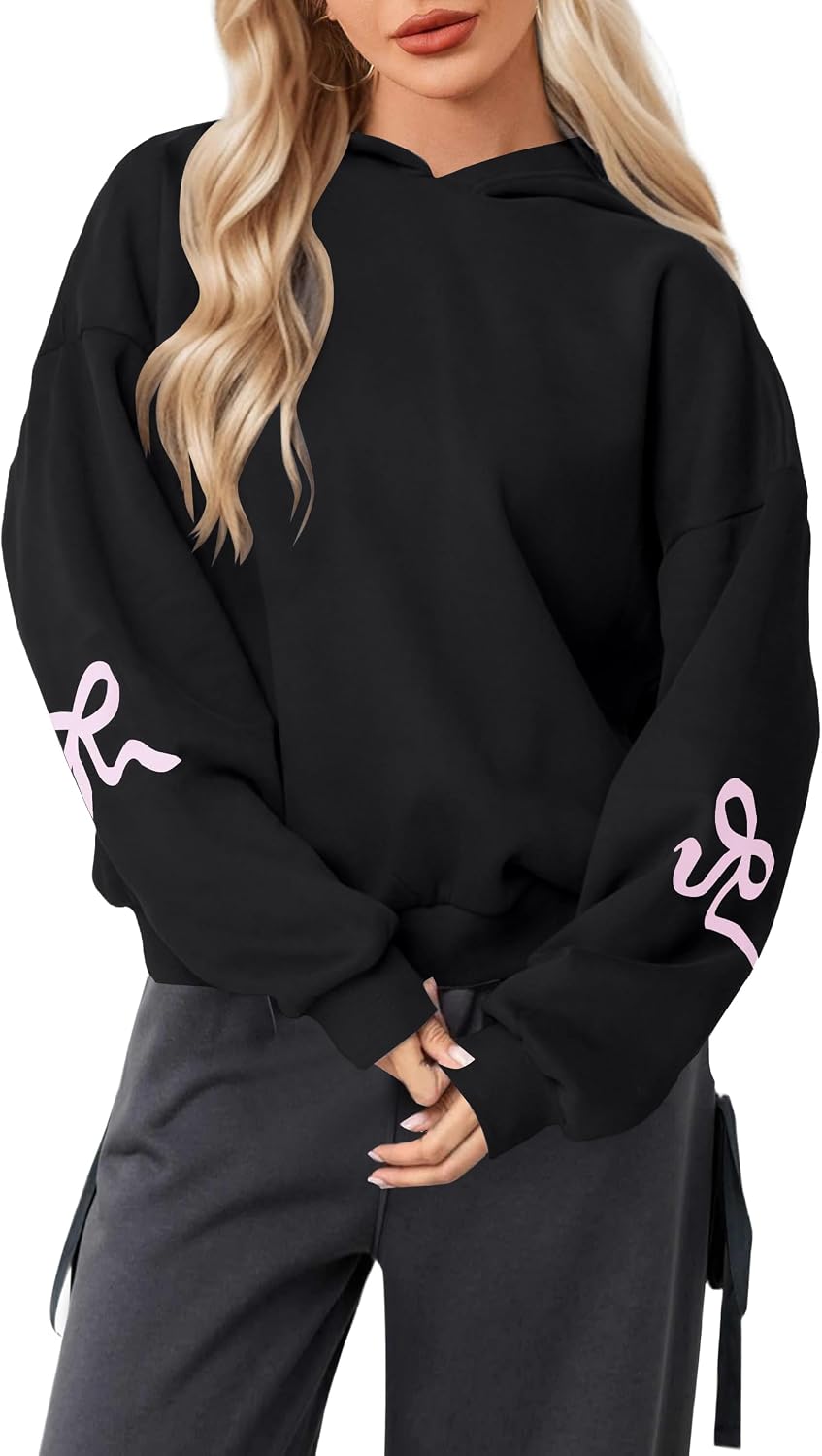 MISSACTIVER Women Oversized Bow Print Hooded Sweatshirt Fleece Long Sleeve Drop Shoulder Graphic Pullover Hoodie Tops