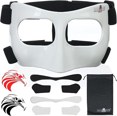 MC01B Nose Guard for Broken Nose Adults Adjustable Basketball Soccer Sports Face Shield Mask with Foam Padding Stickers and Pouch for Men Women Youths Teens