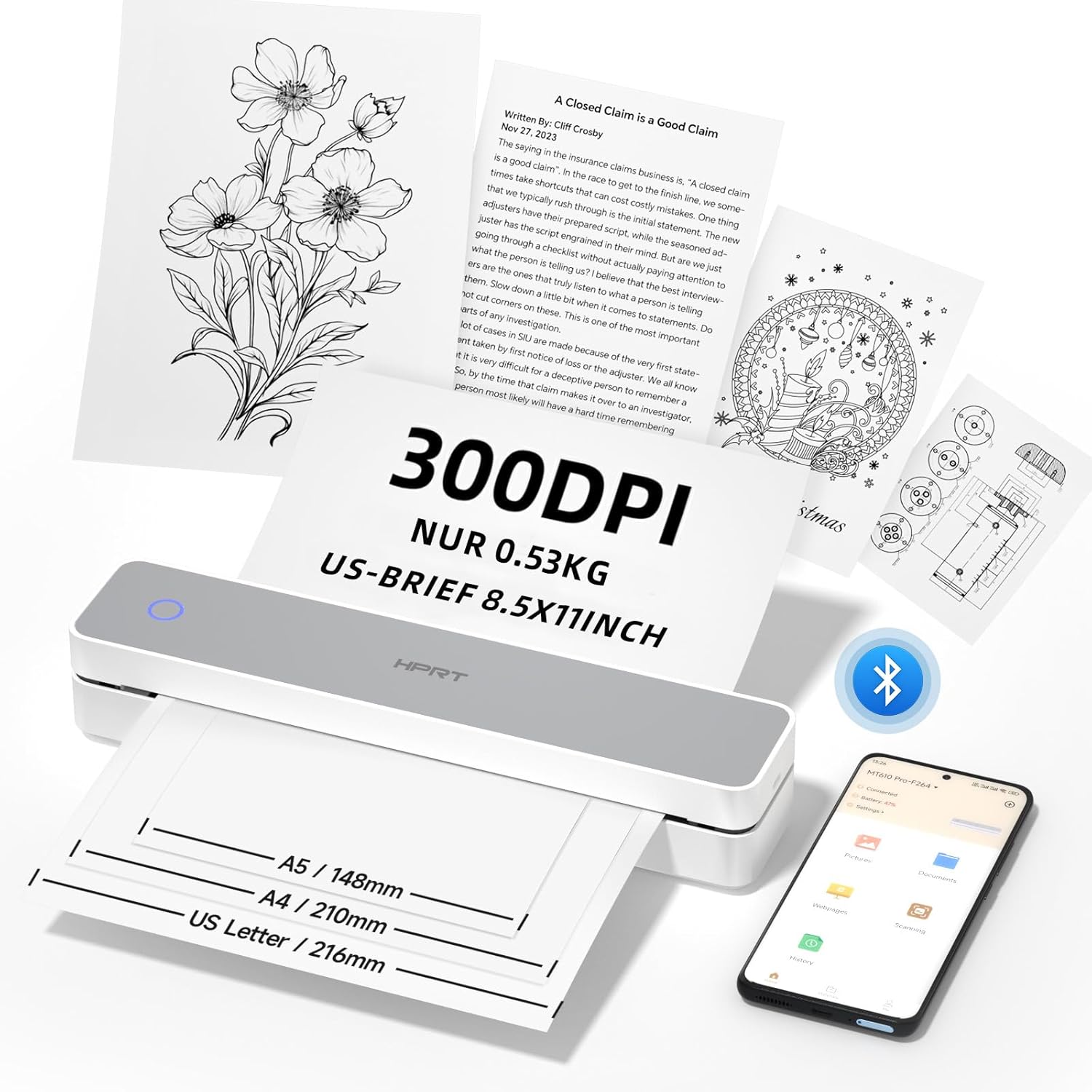 HPRT Portable Printer Wireless for Travel Supports 8.5 x 11 Inch US Letter Bluetooth Thermal Printer Compatible with iOS Android & Laptop Inkless Mobile Printer for Office School White/Grey
